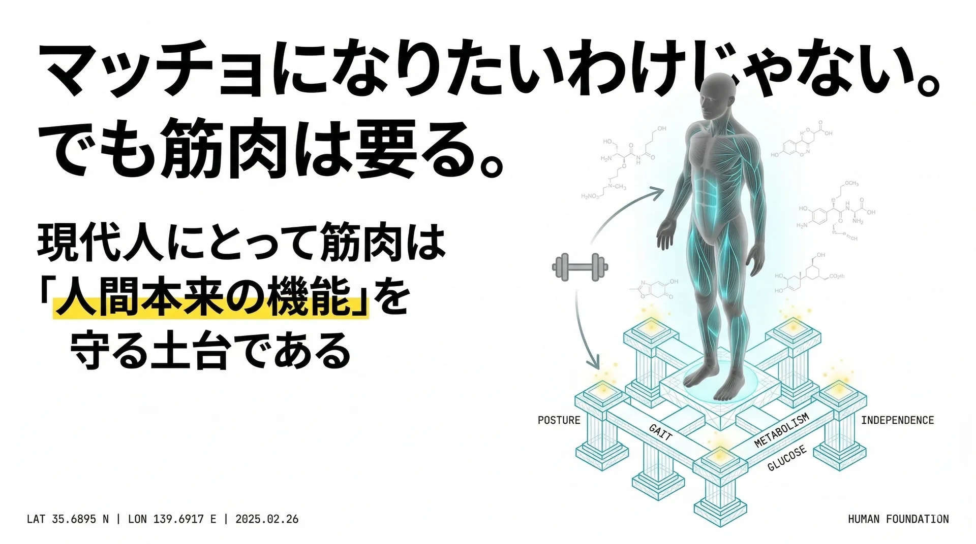 筋肉は重いものを持ち上げるためだけではない。 現代人にとって筋肉は、“人間本来の機能”を維持するための基盤である