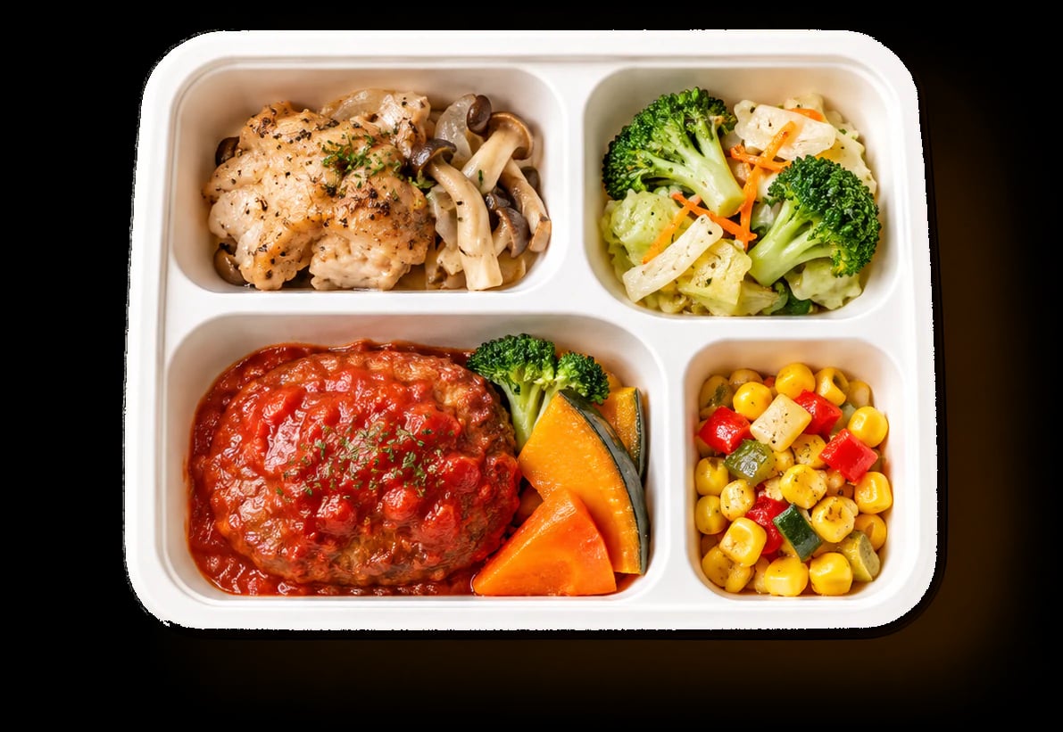 主菜1品と副菜3品が入ったお弁当の例（イメージ）