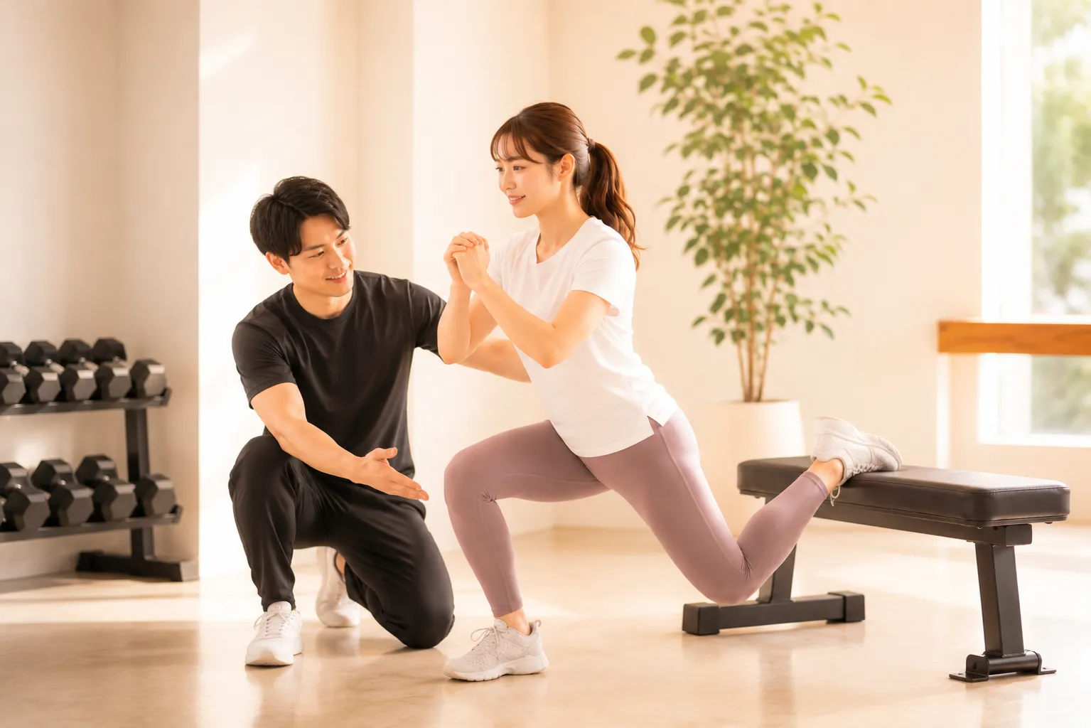 トレーナーの指導でランジトレーニングを行う女性