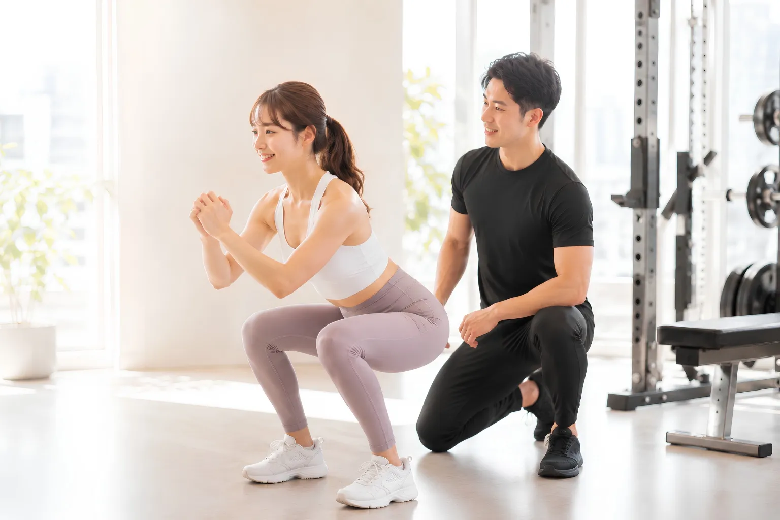 トレーナーと一緒にトレーニングする女性