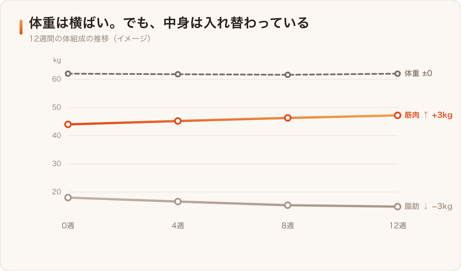 体重は横ばいでも、体脂肪と筋肉は静かに入れ替わっている(イメージ)