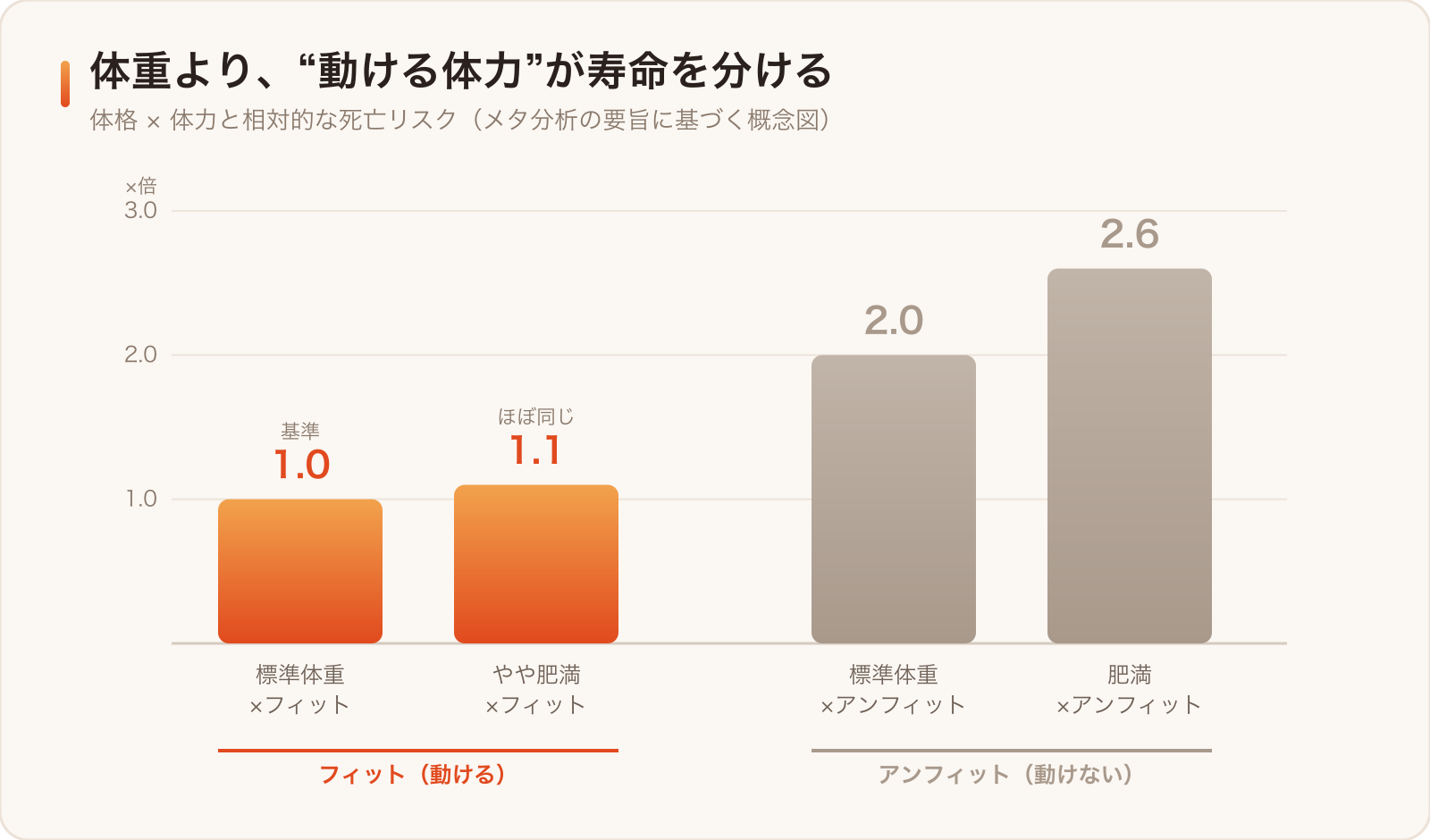 体重が同じでも「動ける体力」があるかどうかで、死亡リスクは大きく変わる(メタ分析の要旨に基づく概念図)